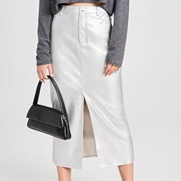 WAYF Women's Metallic Silver Faux Leather Midi Skirt S - Picture 1 of 9